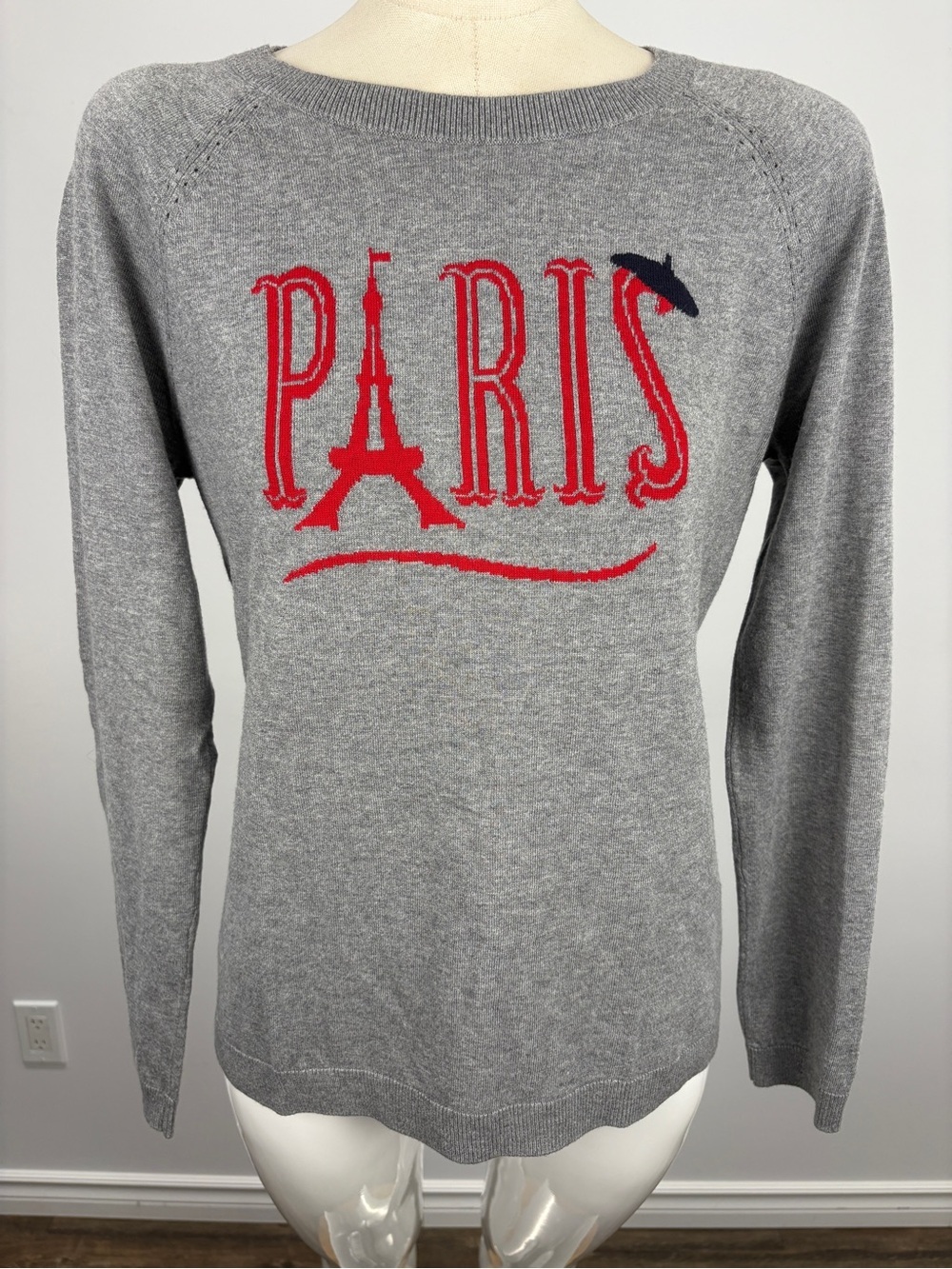 Talbots Grey Paris Graphic Knit Sweater Red Eiffel Tower Beret S